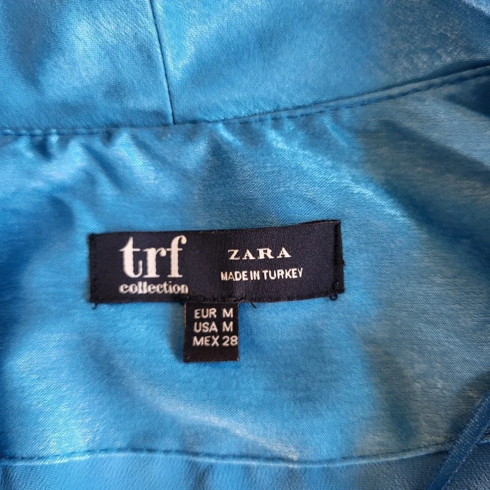Zara TRF Blue Floral Satin Kimono Duster Jacket Open Front Medium Cerulean